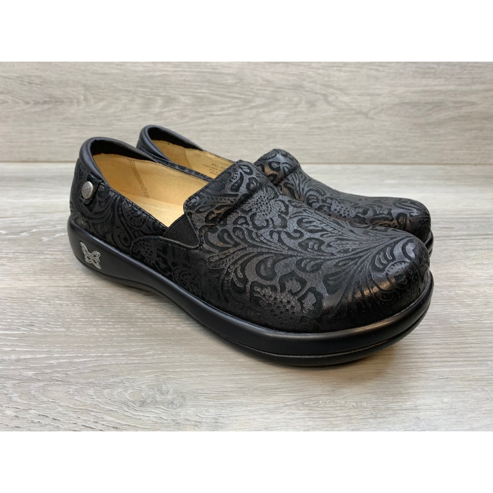 Alegria Keli Women's Clogs Black Embossed Leather Floral Nursing 8 Shoes